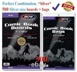500 BCW Silver Era Comic Book Bags Sleeves + Acid Free Back Boards 7 x 10 1/2