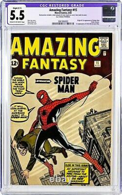Amazing Fantasy #15 CGC 5.5 Fine- Slight (C-1) restoration. 1st Spider-Man comic