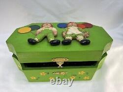 SIGNED Wood Storage Jewelry Box Lid Carved Raggedy Ann LIME GREEN Floral VTG